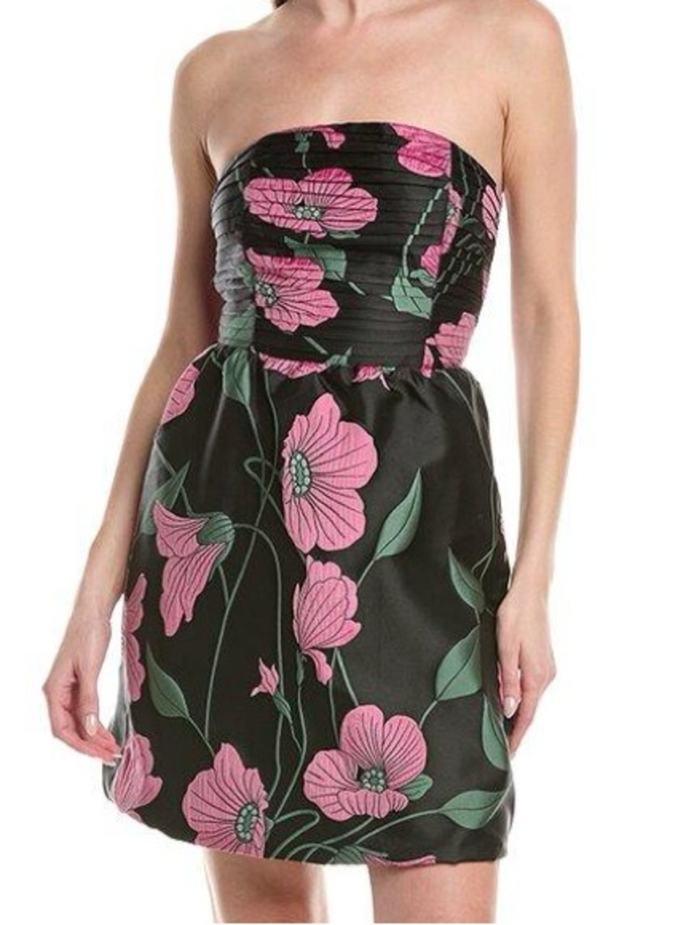 Flora Bea NYC Erna Strapless Black Mini Dress with Pink Floral Motif